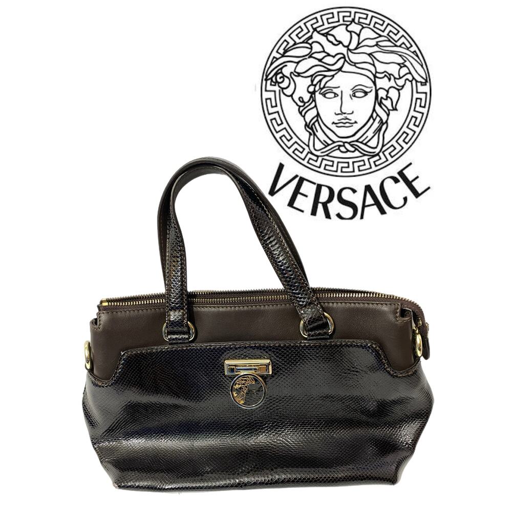 Gianni VERSACE Collection Embossed Brown Leather Two Handle Bag Satchel